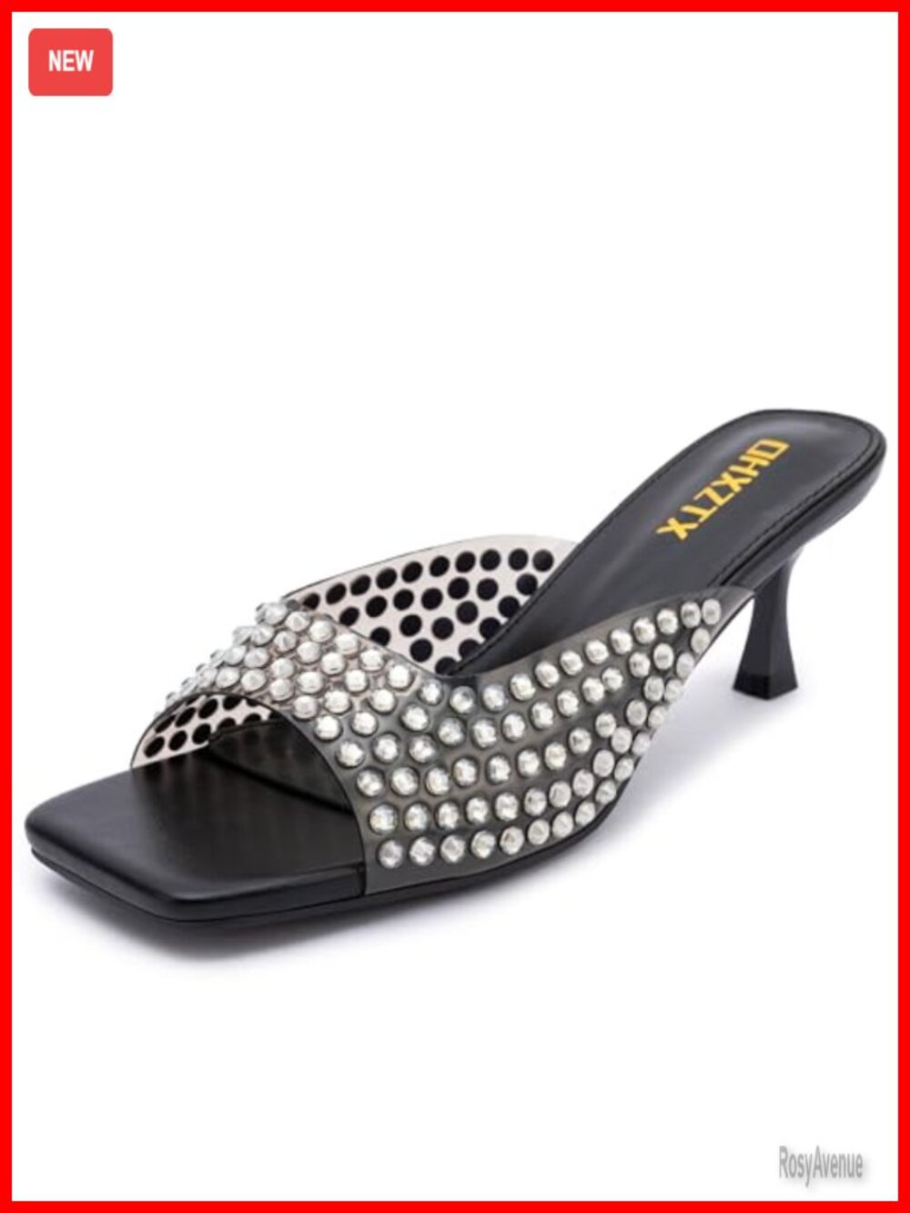 Rhinestone Mule Sandals Clear Kitten Heel Square Toe Slip On Women's